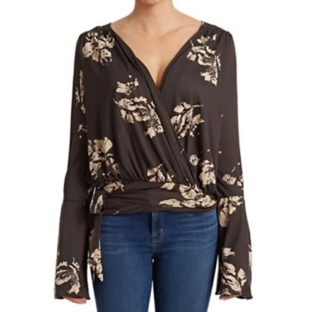 #840 FREE PEOPLE Fiona Black Tan Floral Wrap Blouse w Tie Waist, Bell Sleeves